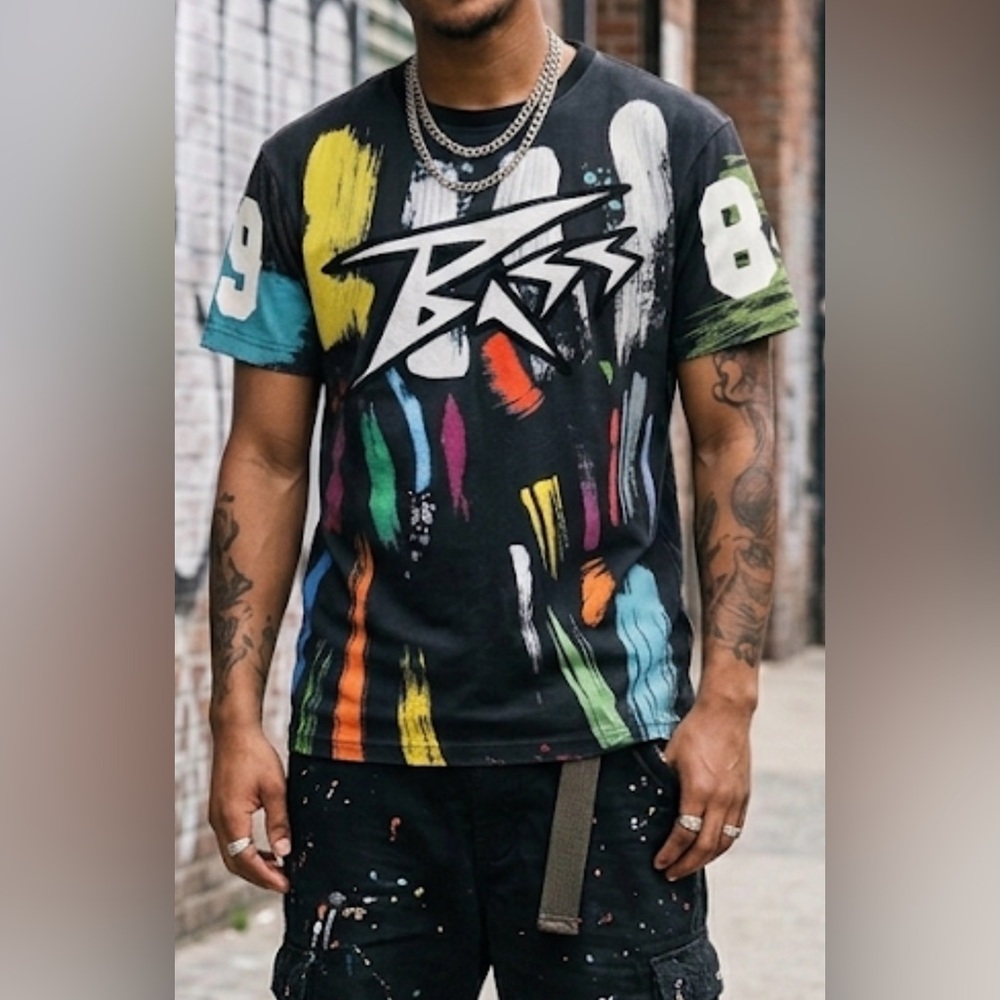Bass‎ by Ron Bass Mens Large Black Paint Stroke Graphic Short Sleeve Jersey Tee